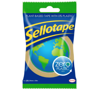 A roll of Sellotape Zero Plastic in its recyclable cardboard packaging.