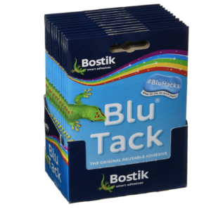 Twelve small packs of blue Bostik Blu‑Tack adhesive.