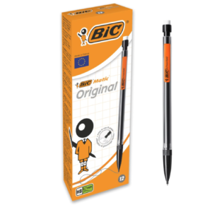 Twelve black Bic Matic mechanical pencils with built‑in erasers and HB leads.