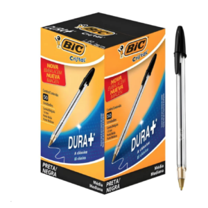 A box of 50 black BIC Cristal Original ballpoint pens.