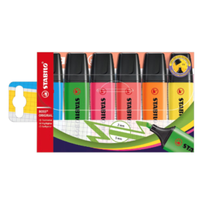A pack of six STABILO BOSS Original highlighters in assorted colours.