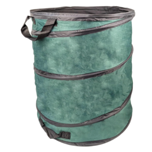 A large green pop‑up garden waste bin with carry handles.
