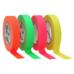Four rolls of fluorescent gaffer tape in green, orange, pink and yellow.