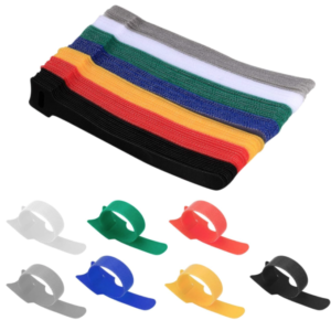 A mixed pack of reusable hook‑and‑loop cable ties in assorted colours.