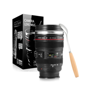A travel mug designed to look like a realistic camera lens, with lid and spoon.