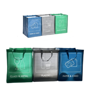 Three colour‑coded reusable recycling bags connected side‑by‑side.