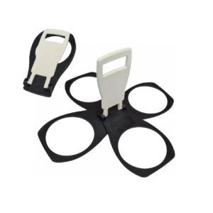 A black fold‑away plastic cup carrier with multiple drink slots.