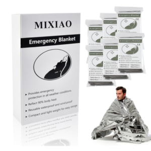 Six folded silver emergency foil thermal blankets.