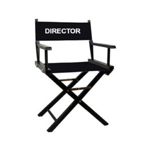 A black wooden director‑style chair with black canvas seat and backrest.