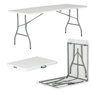 A white 1.8m folding trestle table with locking legs and carry handles.