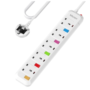 A 5‑socket UK extension lead with individual switches and a 1‑metre cable.