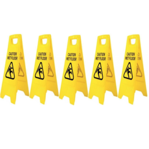 A yellow A‑frame wet floor caution sign with double‑sided printing.