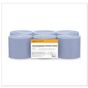 Six blue 2‑ply centrefeed paper towel rolls.