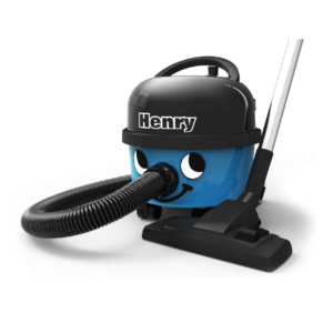 A black and blue Henry HVR160 cylinder vacuum with hose and wand.