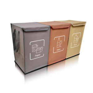 A set of three colour‑coded recycling bags with rigid lids and handles.