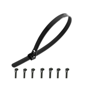 A pack of black reusable nylon cable ties, 300mm long with release tabs.
