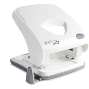 A white Rapesco ECO X5‑40ps two‑hole punch with a soft‑grip handle and metal punching mechanism.