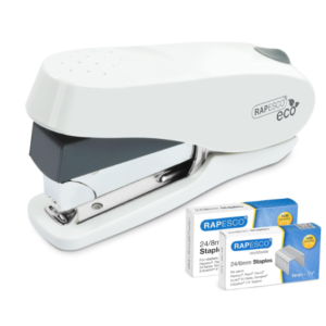 A white Rapesco ECO Luna Germ‑Savvy stapler with a recycled plastic body and metal chassis.