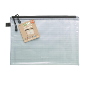 A clear A4 twin‑pocket waterproof mesh bag with black zips and reinforced recycled material.