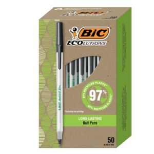 A box of 50 BIC Ecolutions Round Stic black ballpoint pens made from recycled plastic.