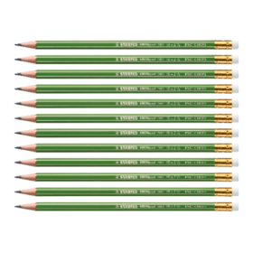 A pack of 12 STABILO GREENgraph HB pencils made from FSC‑certified wood with eraser tips.