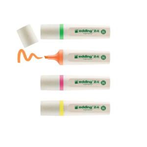 A set of four edding EcoLine highlighters in yellow, orange, pink and green with chisel tips.