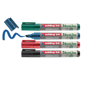 A set of four edding 29 EcoLine whiteboard markers in black, red, blue and green with chisel tips.