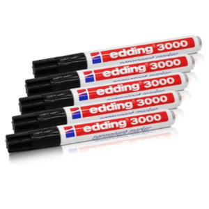 A pack of five black edding 3000 permanent markers with round 1.5–3mm tips.