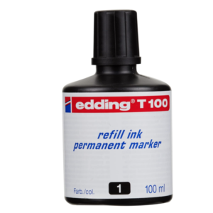 A 100ml bottle of black edding T100 permanent marker refill ink with a drop‑dispenser cap.