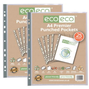 A pack of clear A4 recycled multi‑punched pockets with reinforced grey spines.