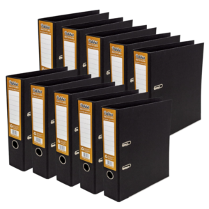 A set of ten black Pukka Pad recycled A4 lever arch binders with 70mm spines.