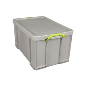 A large 84‑litre dove grey recycled plastic Really Useful Box with a lockable lid.