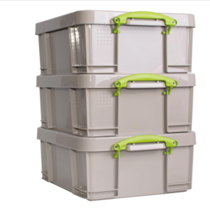 A 3‑pack of 18‑litre dove grey recycled Really Useful Boxes with green handles and lockable lids.