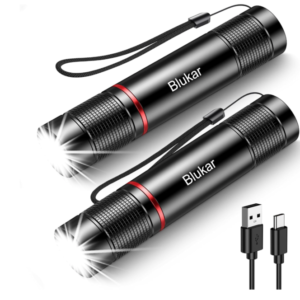 A two‑pack of compact rechargeable LED torches with adjustable focus and USB‑C charging cables.