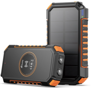 A 20,000mAh Hiluckey solar power bank with wireless charging and USB‑C fast‑charge ports.