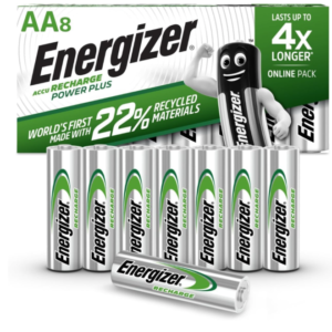 A pack of eight Energizer Recharge Power Plus AA 2000mAh rechargeable batteries in recyclable packaging.