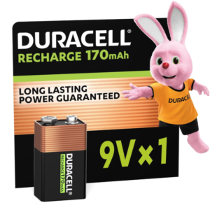 A single Duracell 9V rechargeable NiMH battery in retail packaging.