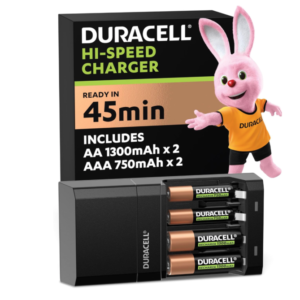 A Duracell Hi‑Speed battery charger with two AA and two AAA rechargeable batteries included.