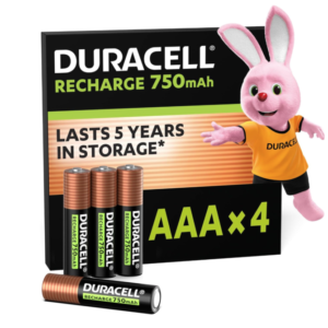A pack of four Duracell 750mAh AAA rechargeable batteries in 100% recyclable, plastic‑free packaging.