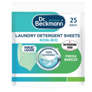 A pack of Dr. Beckmann MAGIC LEAVES non‑bio dissolvable laundry detergent sheets.