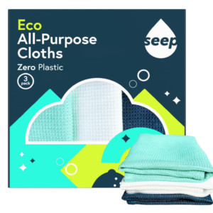 A three‑pack of SEEP reusable lyocell all‑purpose cleaning cloths in turquoise, navy and natural colours.