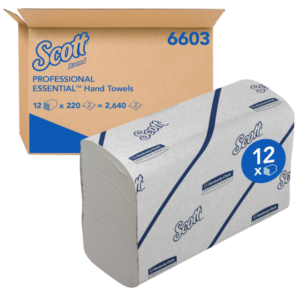 A case of Scott Essential narrow‑fold white 2‑ply FSC‑certified paper hand towels.