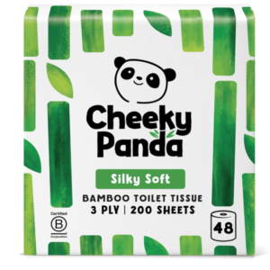 A bulk pack of 48 Cheeky Panda bamboo toilet rolls in plastic‑free packaging.