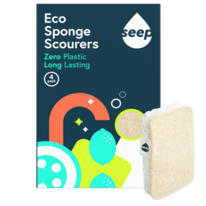 A four‑pack of SEEP compostable loofah and cellulose washing‑up sponges, eco‑friendly and plastic‑free.