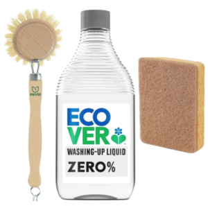 An eco‑friendly kitchen cleaning bundle including Ecover Zero washing‑up liquid, a wooden dish brush, and a compostable sponge scourer.