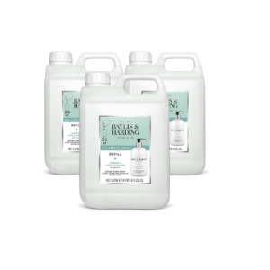 Three 2‑litre refill bottles of Baylis & Harding Jasmine & Apple Blossom antibacterial hand wash.