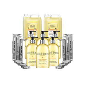 A business bundle containing six Baylis & Harding Sweet Mandarin & Grapefruit hand wash bottles, six wall brackets, and two 5‑litre refills.